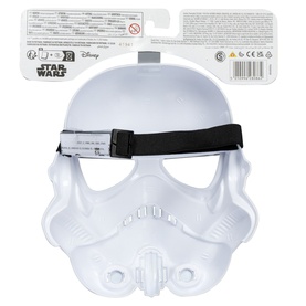 Star Wars Stormtrooper white plastic face mask with black elastic headband, back view showing fitting strap and safety label