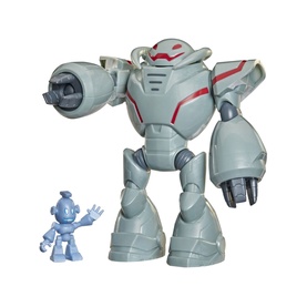 Superheroes large grey mecha robot action figure with red detailing and small blue companion figure, multi-coloured set