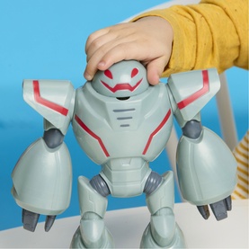 Superheroes grey and red robot action figure toy, held by child's hand, large poseable mech character with armoured detailing