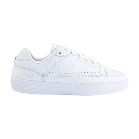 Nike white leather low-top trainers with perforated toe box, brogue-style detailing, and white rubber sole.