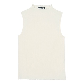 Whistles cream sleeveless top with mock neck and textured ribbed fabric, featuring delicate frill trim detail.