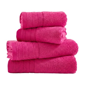 The Lyndon Company Plain Towel set in fuchsia, five-piece stack including bath towels and hand towels with ribbed border detail