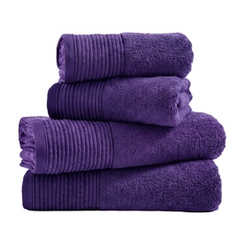 The Lyndon Company Plain violet towel set, four folded towels stacked showing ribbed border detail in deep purple cotton