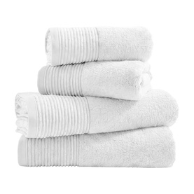 The Lyndon Company white plain towel set, neatly folded stack of four towels with ribbed border detail