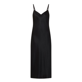 Vince Satin Slip Dress in black, slim spaghetti straps, V-neckline, midi length, smooth satin finish