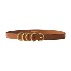 Claude Pierlot brown leather belt with triple gold-tone twisted ring buckle detail, laid flat