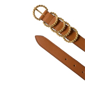 Claude Pierlot brown leather belt with triple gold-tone twisted chain ring buckle detail, flat lay view showing full length and tip
