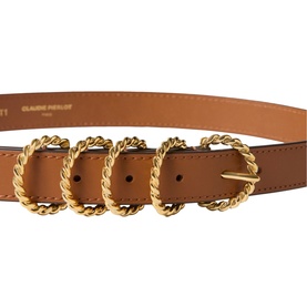 Claude Pierlot brown leather belt with three twisted rope-effect gold-tone buckles, coiled flat to display full length