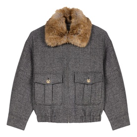 Maje dark grey wool bomber jacket with faux fur collar, gold-tone button chest pockets, and zip fastening