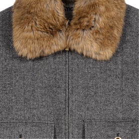 Maje dark grey herringbone jacket with brown faux fur collar, close-up detail shot showing centre front seam.