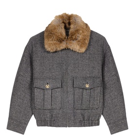 Herringbone Faux-Fur Oversized Bomber Jacket