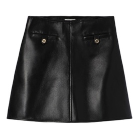 Claude Pierlot black faux leather mini A-line skirt with gold-tone button detail pockets, flat lay view