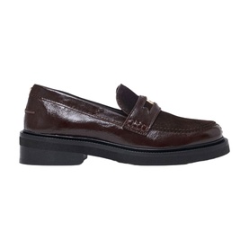 Maje dark brown patent leather penny loafers with chunky black sole and classic saddle strap detail