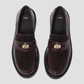 Maje dark brown suede loafers with gold-tone hardware detail and chunky black sole, top-down view