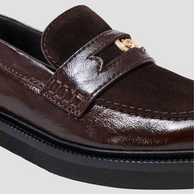 Maje dark brown patent leather and suede loafer with gold-tone emblem detail and black chunky sole