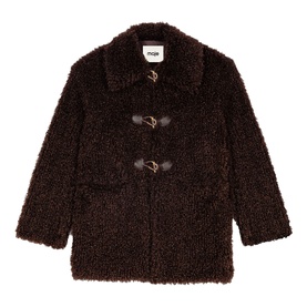 Maje dark brown textured teddy coat with leather-look toggle fastening, patch pockets, and spread collar