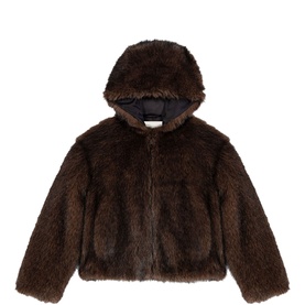Maje faux fur hooded jacket in dark brown, featuring textured pile fabric, zip fastening, and satin-effect lining visible at collar.
