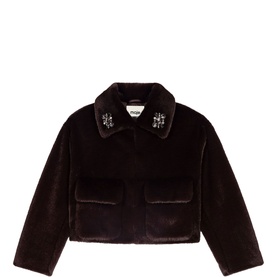 Maje dark brown faux fur cropped jacket with jewel-embellished collar and two front patch pockets