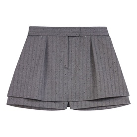 Maje women's red pinstripe shorts with embellished detailing, pleated front, and layered hem finish