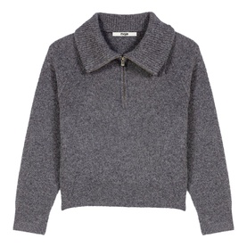 Maje grey marl half-zip knit sweater with ribbed collar, long sleeves, and relaxed fit