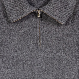 Maje grey marl half-zip knit jumper with ribbed collar and gold-tone zip, close-up detail shot