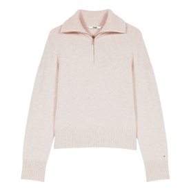 Maje half-zip knit jumper in clear pale pink, ribbed cuffs and hem, small logo badge at hem