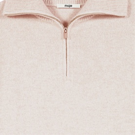 Maje pale pink ribbed knit half-zip jumper with fold-over collar and rose gold zip detail, close-up view