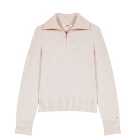 Maje half-zip knit jumper in clear pale pink, ribbed cuffs and hem, small logo badge at hem