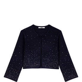 Navy blue cropped cardigan with scattered crystal embellishments, round neck, button front, and wide long sleeves