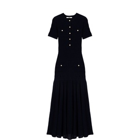 Black short-sleeve midi dress with gold-tone buttons, patch pockets, and pleated flared skirt
