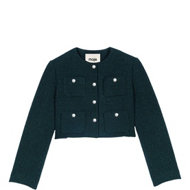 Maje bottle green boucle cropped jacket with silver button fastening and four patch pockets