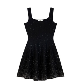 Maje Womens French Dress in black, sleeveless fit-and-flare silhouette with allover silver glitter dot embellishment
