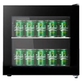 Powerpoint Glass Door Beverage Fridge 46L Black, compact countertop design with two shelves stocked with canned drinks