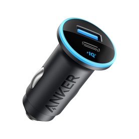 Anker 325 30W USB Car Charger in black with dual USB ports and blue LED ring detail
