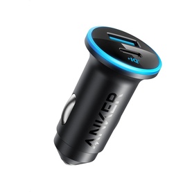 Anker 325 30W USB Car Charger in black with dual USB ports and blue LED ring illumination