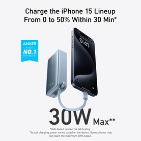 Anker Nano 10000mAh Power Bank 30W in Black charging an iPhone 15 via USB-C cable, with 30W Max output text overlay