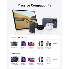 Anker Nano 10000mAh Power Bank 30W in black, shown with compatible devices including tablets, smartwatch, earbuds and phones