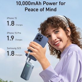 Model with Anker Nano 10000mAh Power Bank 30W Fast Charging USB-C in Black, connected to a blue iPhone 15