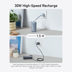 Anker Nano 10000mAh Power Bank in black, shown charging via wall outlet with 30W high-speed recharge in 1.5 hours infographic