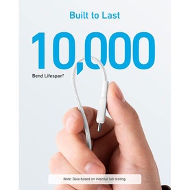 Anker USB Type-C to USB Type-C Cable 0.9m in white, hand flexing cable into loop highlighting 10,000 bend lifespan durability claim