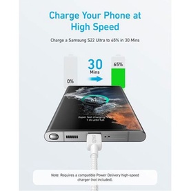 Anker USB Type-C to USB Type-C Cable 0.9m White, shown charging a Samsung S22 Ultra from 0% to 65% in 30 minutes