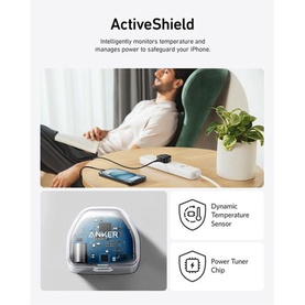 Anker Nano Pro 20W USB Type-C Fast Charger in white, shown with ActiveShield temperature monitoring feature highlights and lifestyle charging scene.