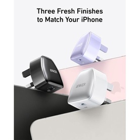 Anker Nano Pro 20W USB Type-C Fast Charger shown in three colour finishes: black, white, and lilac, clipped to edge of smartphone.