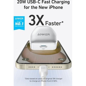 Anker Nano Pro 20W USB Type-C Fast Charger in white, shown plugged into iPhone with 3X faster charging claim.