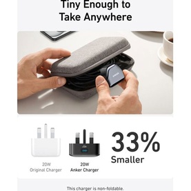 Anker Nano Pro 20W USB Type-C Fast Charger White shown in compact travel case, with size comparison highlighting 33% smaller than standard 20W charger