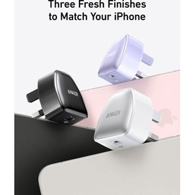 Anker Nano Pro 20W USB Type-C Fast Charger shown in three colourways: white, black, and lilac, compact plug design with USB-C port