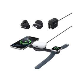 Anker MagGo 3-in-1 Wireless Charging Station 15W Qi2 in black, foldable design shown with interchangeable plugs and charging a phone, watch, and