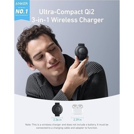 Anker MagGo 3-in-1 Wireless Charging Station in black, held by model, with size comparison insets showing compact foldable design.