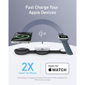 Anker MagGo 3-in-1 Wireless Charging Station in black, simultaneously charging an iPhone, Apple Watch, and AirPods with Qi2 technology.