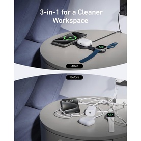 Anker MagGo 3-in-1 Wireless Charging Station in black, before and after comparison showing tidy versus cluttered desk setup
